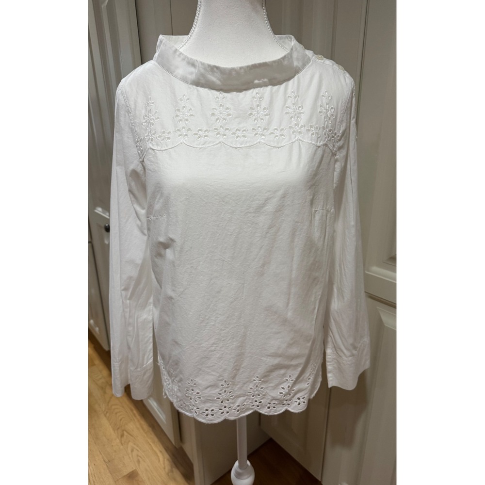 J. Crew Eyelet‎ Embroidered Collar Long Sleeve Top Size 2 White Cotton Blouse